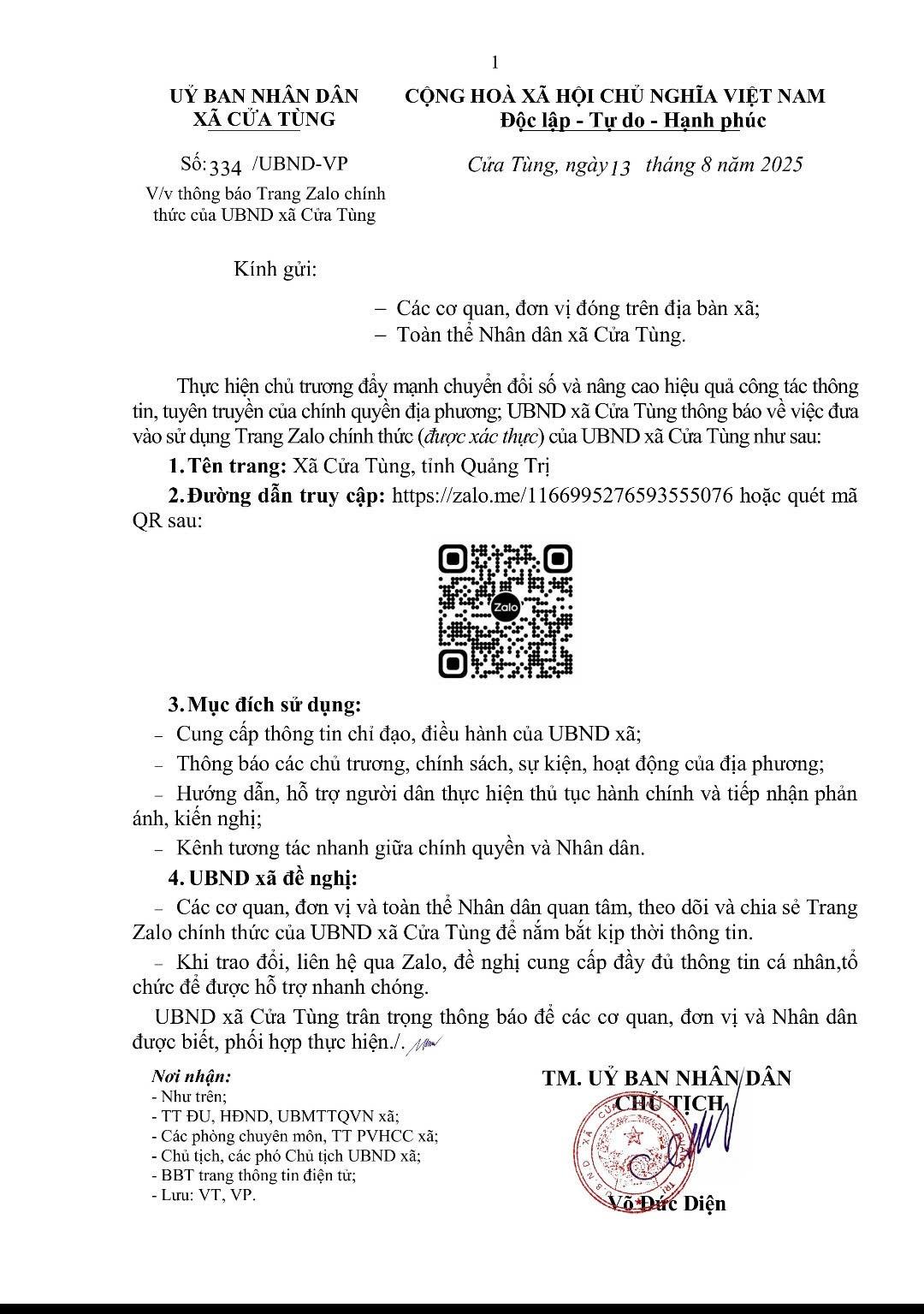 Uỷ ban nhân dân xã Cửa Tùng thông báo về trang Zalo chính thức của xã